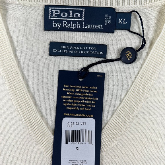 Polo Ralph Lauren Sweater Vest Men's XL Cream Pima Cotton V-Neck Pony Logo NWT - Picture 6 of 10